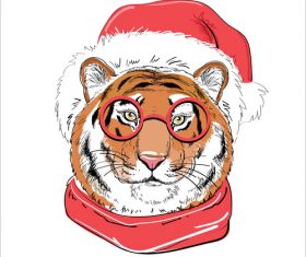 Tiger wearing santa hat hand drawn sketch illustration vector