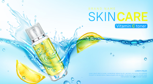 Vitamin toner banner cosmetics bottle water vector