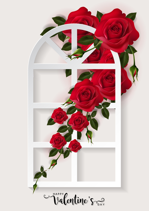 Window and red roses background valentines day card vector