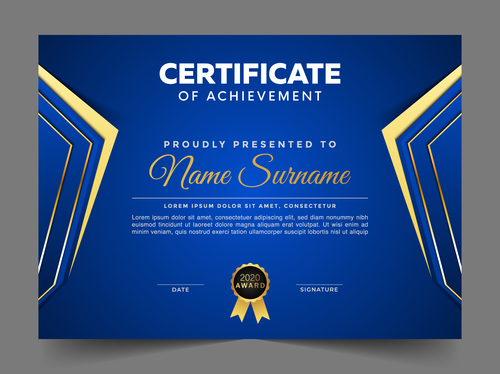 Blue and gold certificate with badge template vector