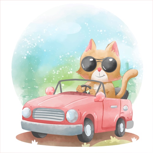 Cat watercolor illustrations driving a car vector