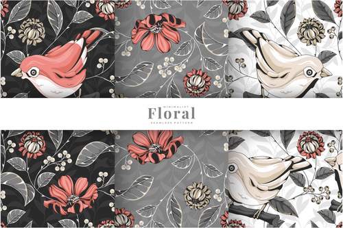 Colorful birds floral pattern vector