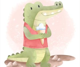 Crocodile eating ice cream watercolor illustrations vector