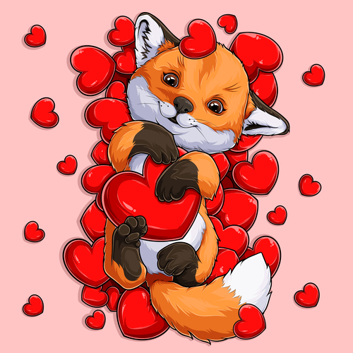 Cute animals and heart background vector