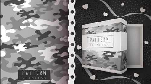 Grey camouflage and packaging box seamless pattern vector