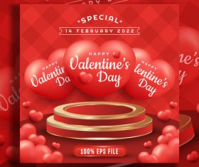 Happy valentines day banner with podium 3d hearts vector