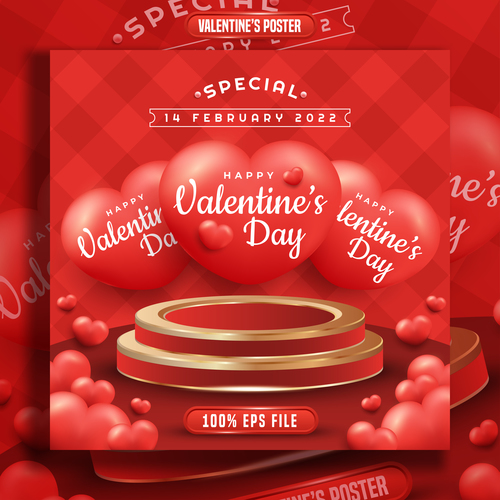 Happy valentines day banner with podium 3d hearts vector