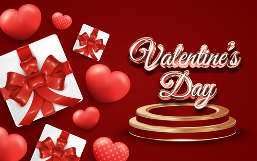 Happy valentines day on podium with gift box and realistic hearts vector