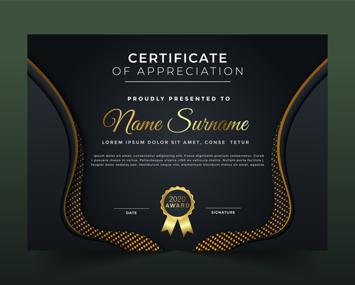 Stylish dark certificate template with golden lines design vector