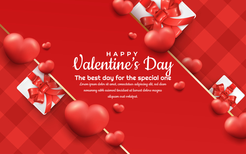 Valentine day banner with realistic hearts and gift box vector
