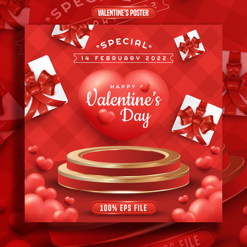 Valentines day banner with podium and 3d hearts vector