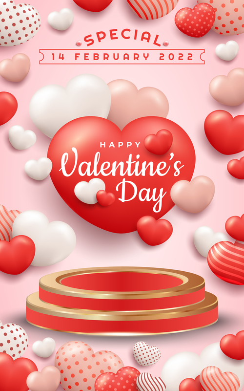 Valentines day banner with realistic hearth or love shape and 3d podium vector