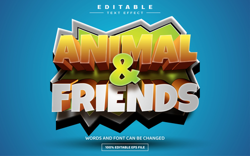Animal and friends 3d editable text effect template vector