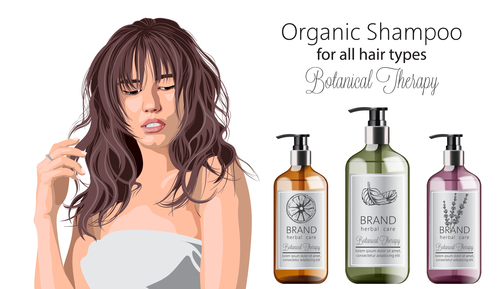 Organic shampoo for all hair types advertising vector