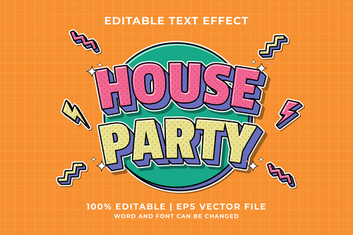 House party bicolor cartoon editable text effect vector