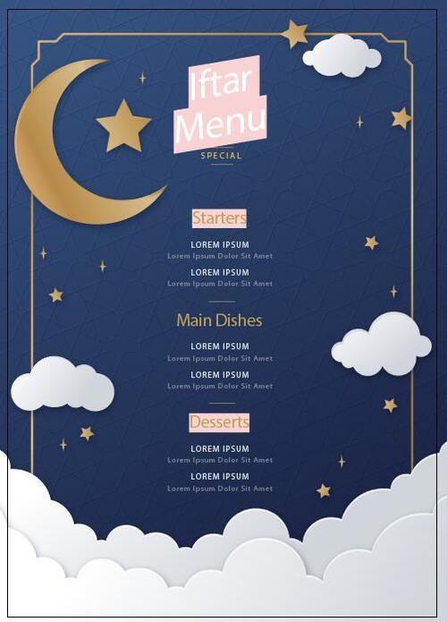 Moon and clouds background Iftar menu vector
