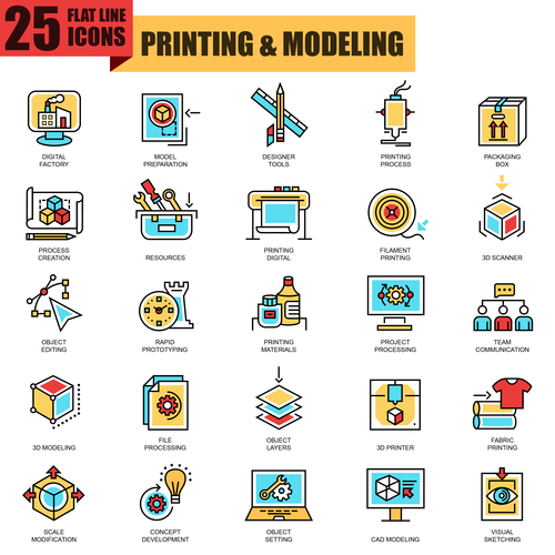 Printing modeling icon collection vector