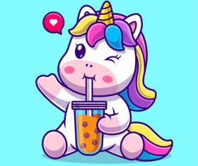 Unicorn drinking beverage cartoon illustration vector