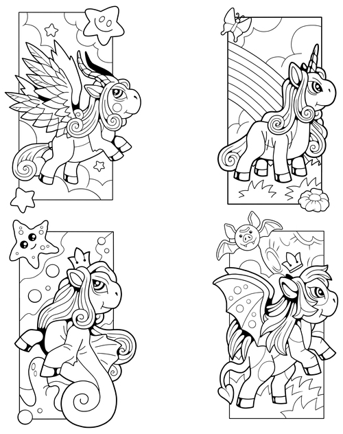Coloring unicorn black and white drawing vector