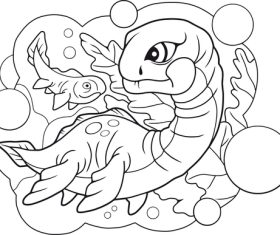 Fish and underwater dragon black and white drawing vector
