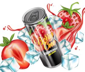 Ice cube strawberry and metal can drink advertising vector