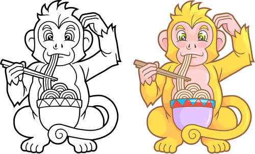Monkey eating noodles colouring book vector