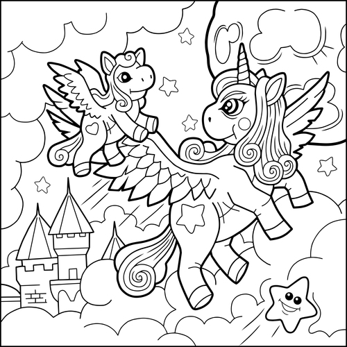 Playing unicorn black and white drawing vector
