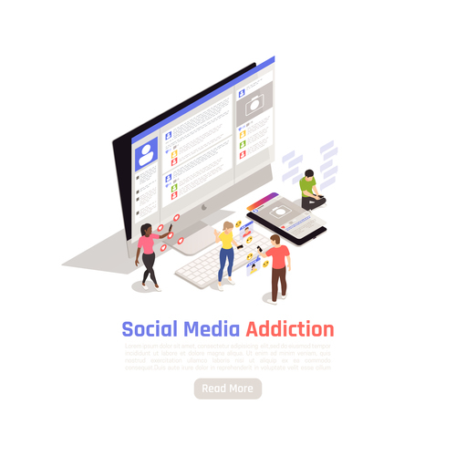Social media addiction cartoon illustration vector