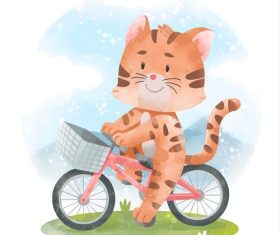 Cat riding bike watercolor illustrations vector