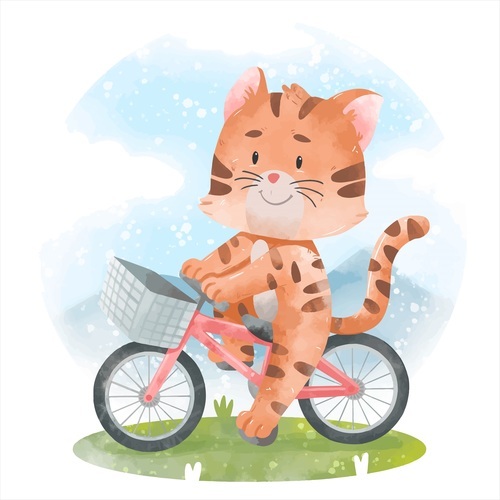 Cat riding bike watercolor illustrations vector