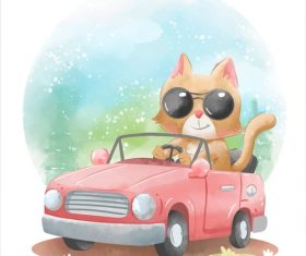 Cat watercolor illustrations driving a car vector