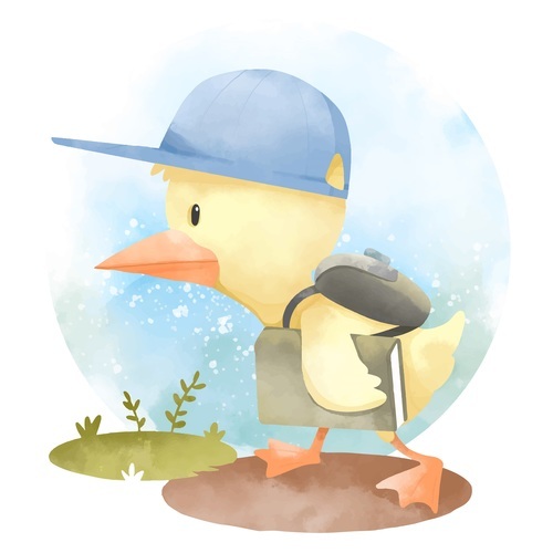 Duckling going to school watercolor illustrations vector