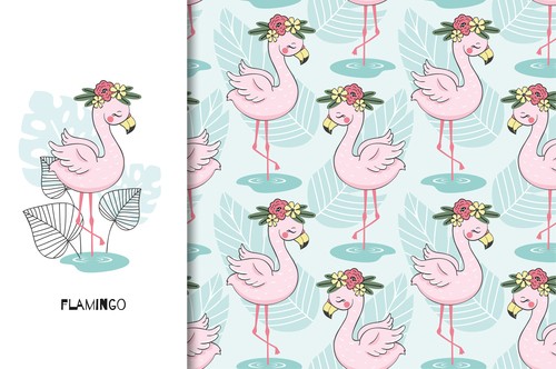 Flamingo cartoon seamless background vector