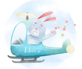 Rabbit driving helicopter watercolor illustrations vector