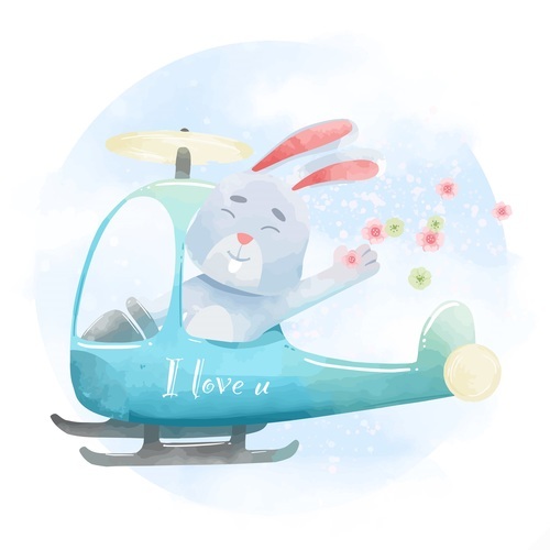 Rabbit driving helicopter watercolor illustrations vector