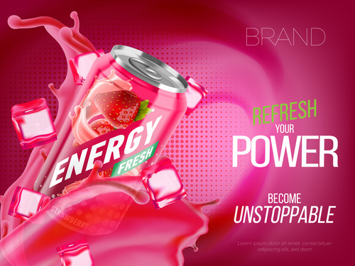 Strawberry energy drink advertising banner vector