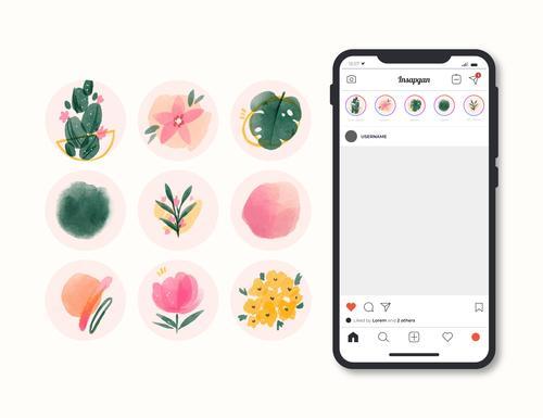 Watercolor drawing apps instagram icons vector