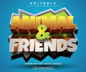 Animal and friends 3d editable text effect template vector