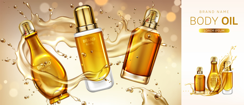 Body oil cosmetics product bottles banner vector