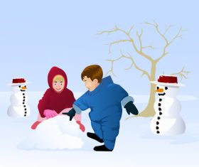 Boy and girl playing snow vector