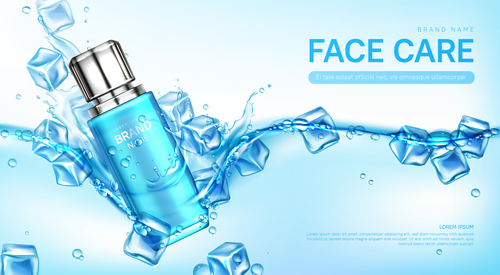 Face care cosmetics bottle water with ice cubes vector