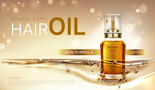 Hair oil cosmetics bottle ad vector banner