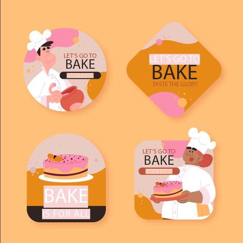Pastry chef and pastry label set vector