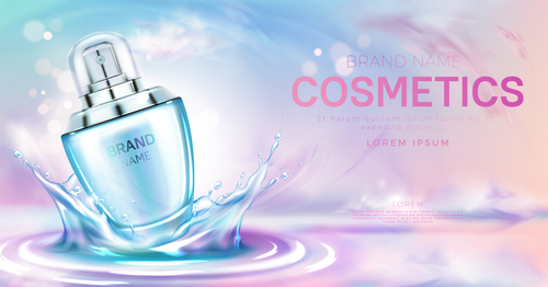 Perfume cosmetic bottle splashing water surface banner vector