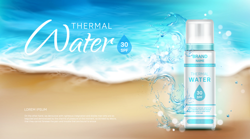Thermal water cosmetic bottle with spf ad banner vector