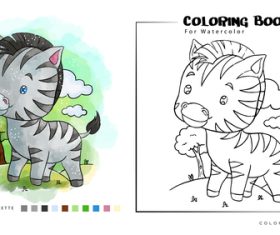Watercolor coloring book illustration zebra vector