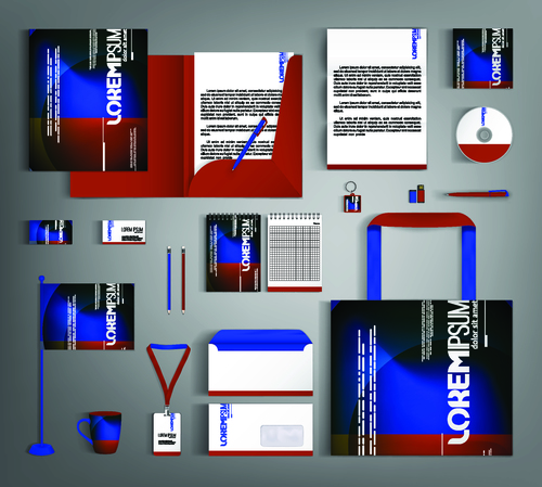 Blue red office supplies set design vector