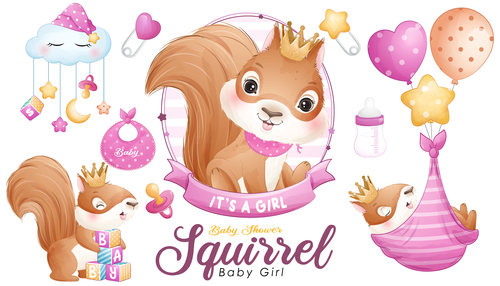 Cute doodle squirrel baby shower with watercolor illustration vector