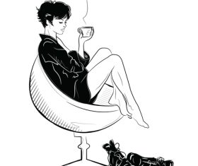 Girl drinking coffee sketch vector