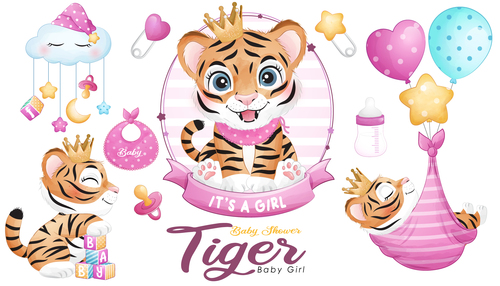 Happy little tiger watercolor illustration vector